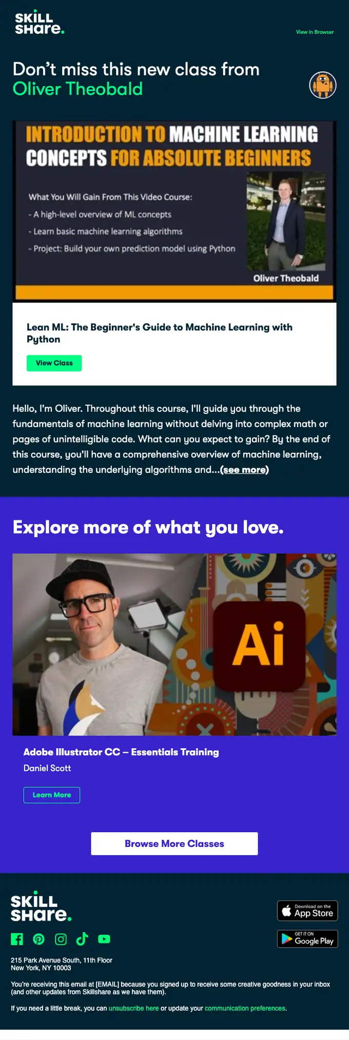 Skillshare newsletter email, full length