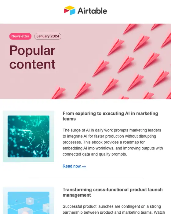 Airtable newsletter email: Our newest webinars, demo, and ebook