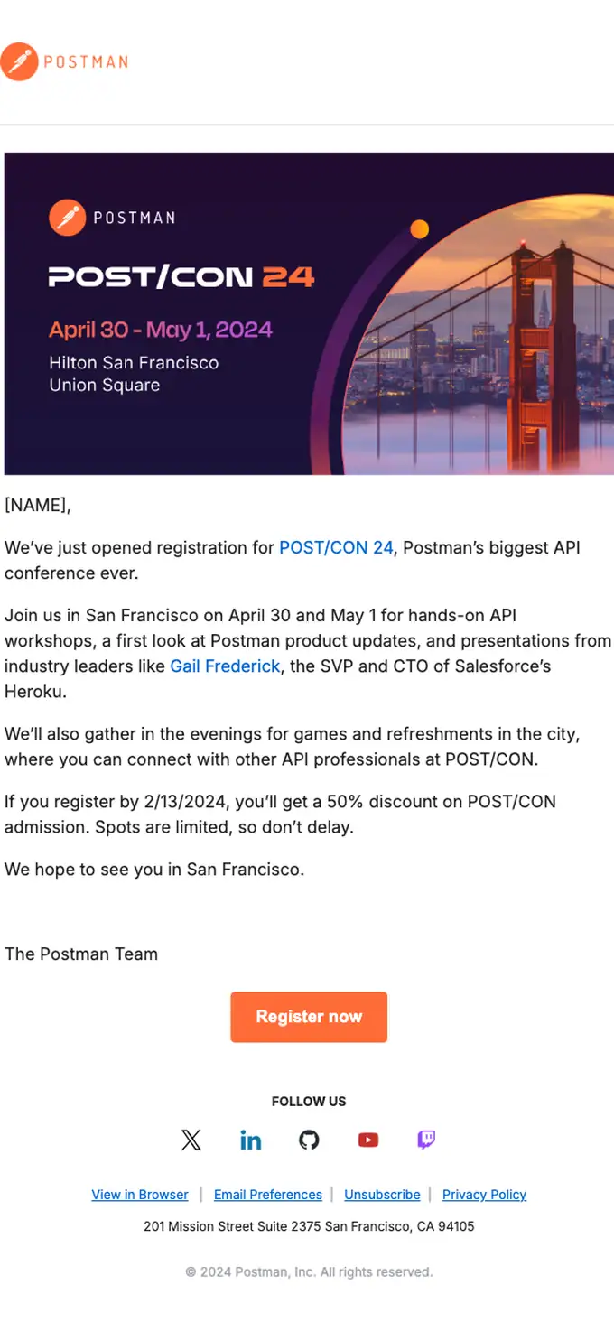 Postman event invite email, full length