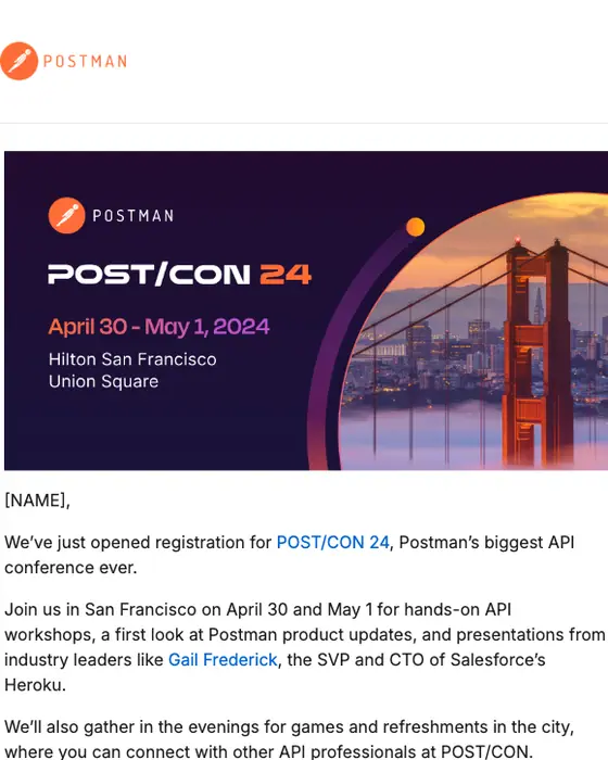 Postman ticket release email: POST/CON 24 tickets are on sale! Save 50% as an early adopter