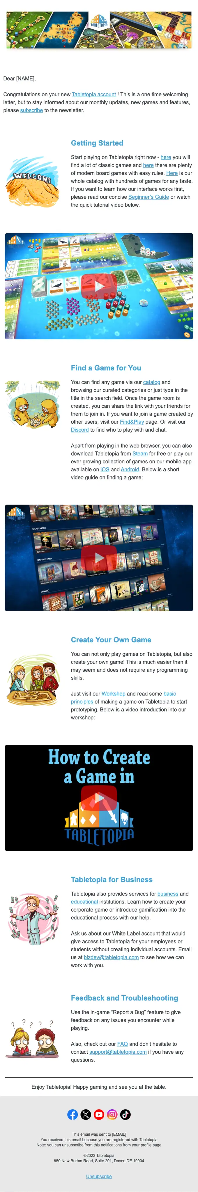 Tabletopia welcome email, full length