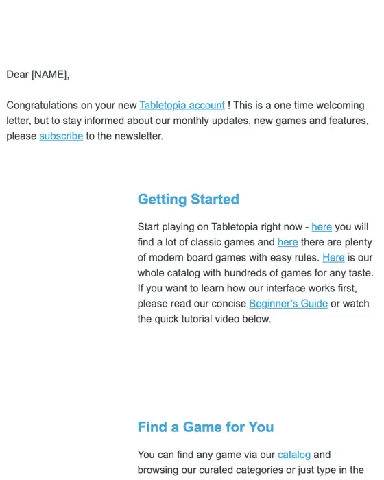 Tabletopia welcome email