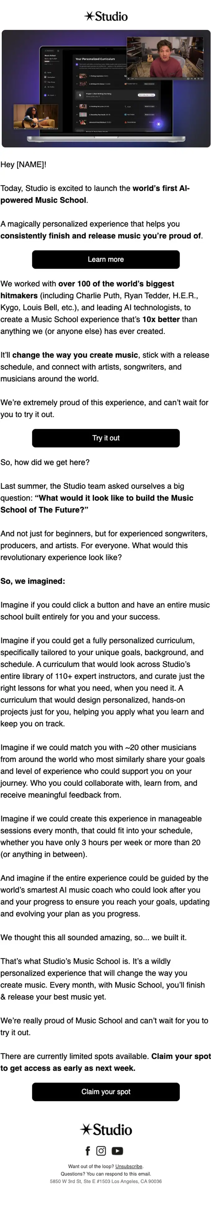 Studio product launch email, full length