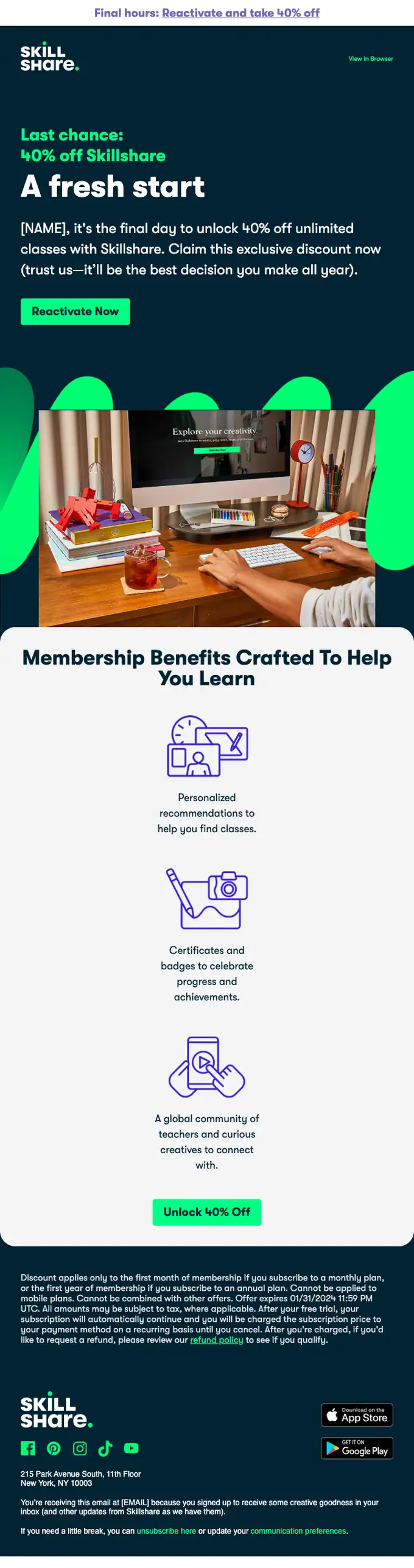 Skillshare discount offer email, full length