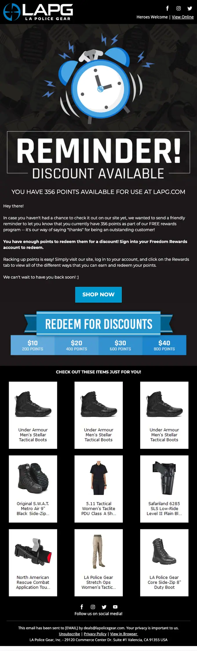 LA Police Gear discount offer email, full length