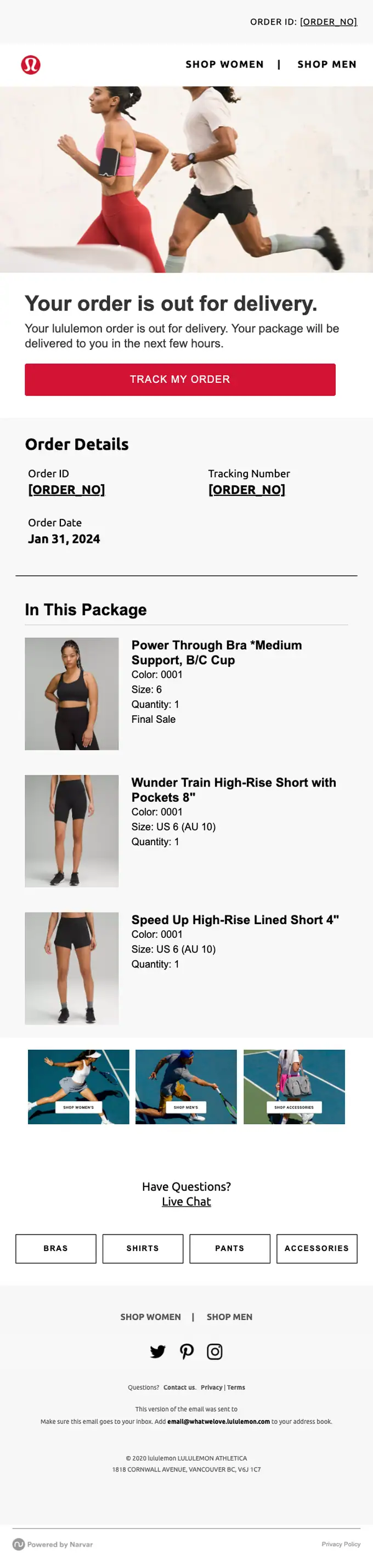 lululemon delivery email, full length