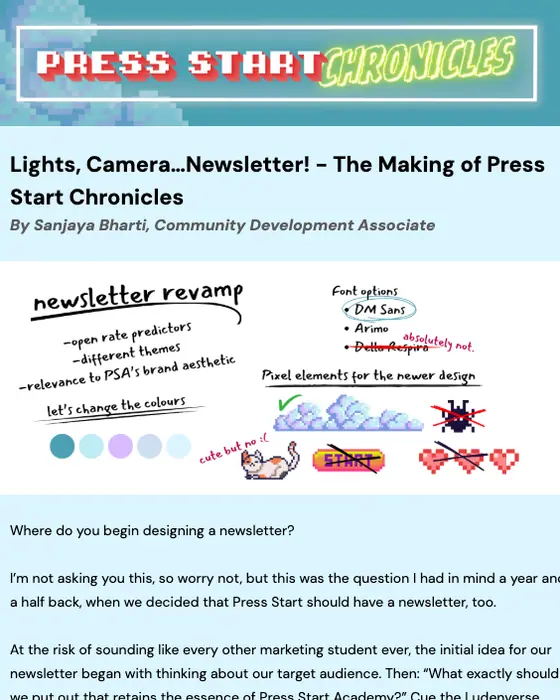 Press Start Academy newsletter email
