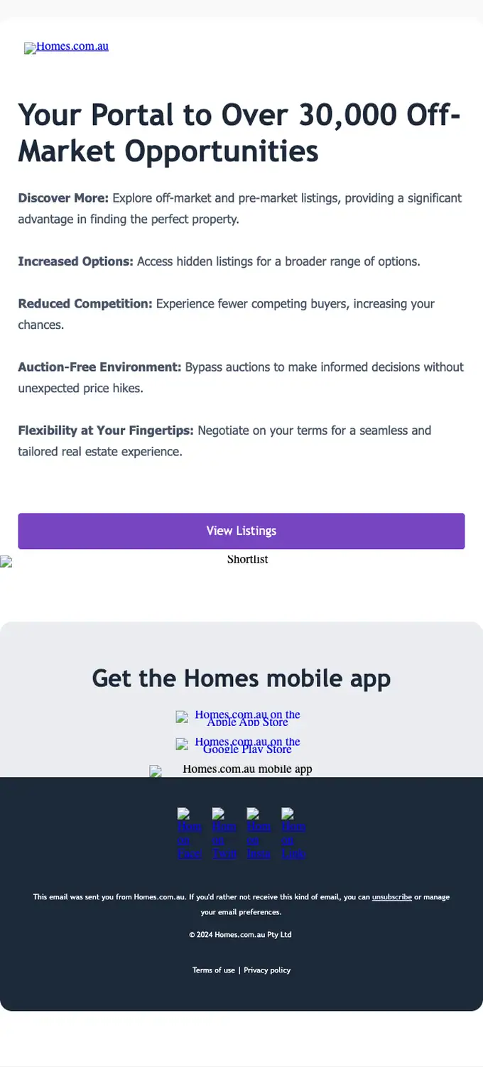 Homes.com.au promotional email, full length