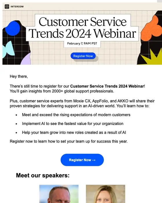 Intercom event reminder email: Last chance to register: Customer Service Trends 2024