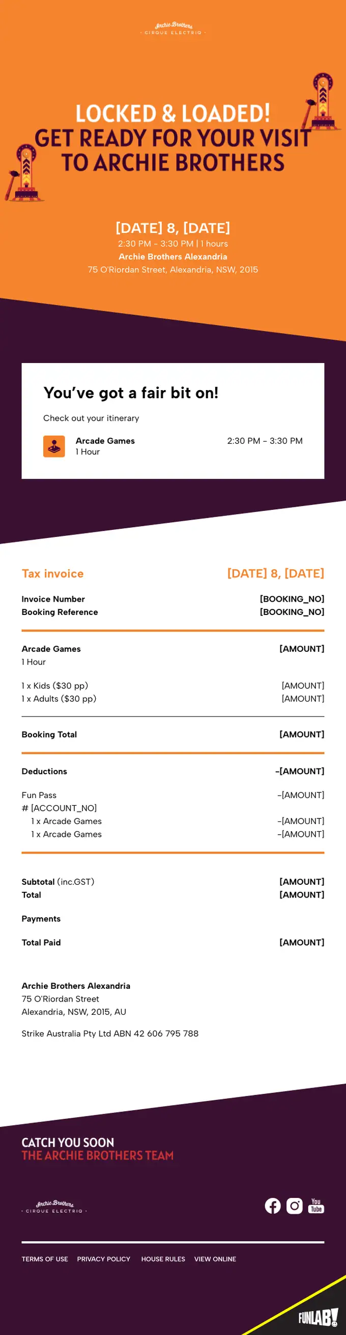 Archie Brothers booking confirmation email, full length