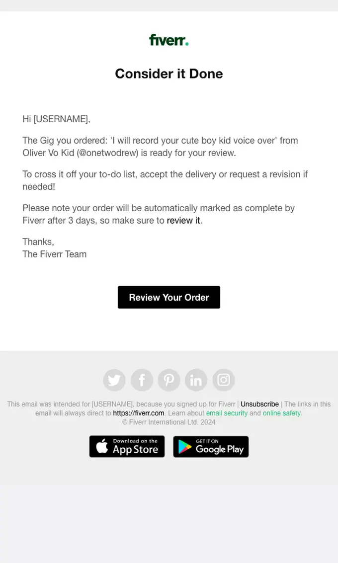 Fiverr account notice email, full length