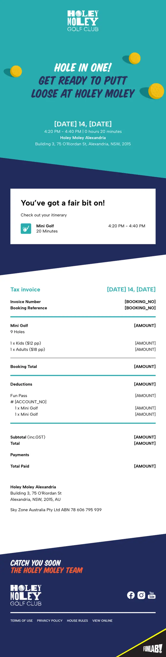 Holey Moley booking confirmation email, full length