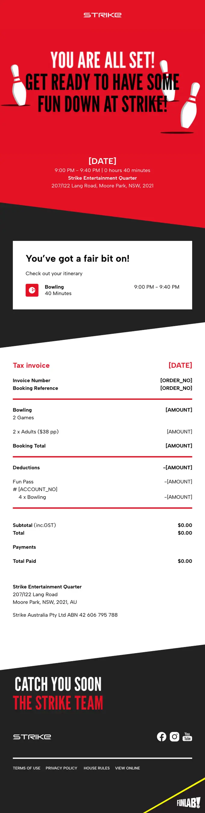 Strike Booking booking confirmation email, full length