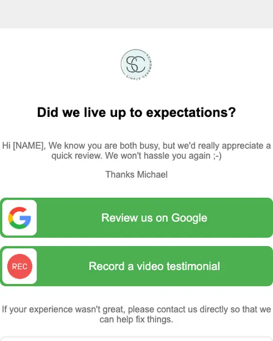Simple Ceremonies survey email