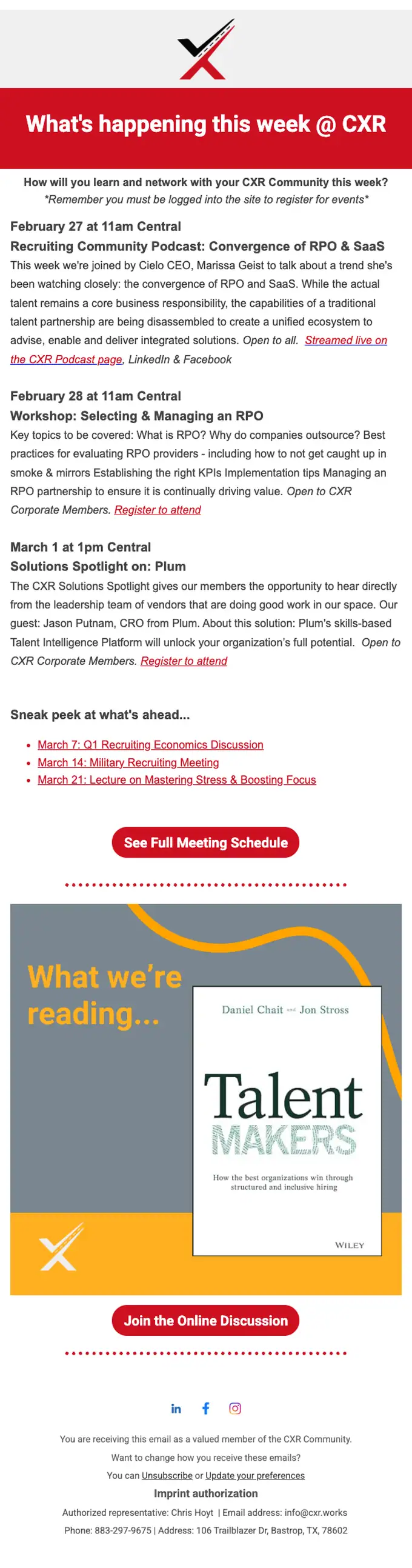 CXR newsletter email, full length