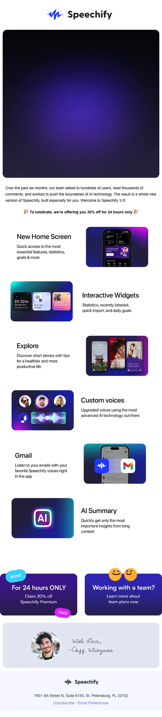 Speechify product launch email, full length