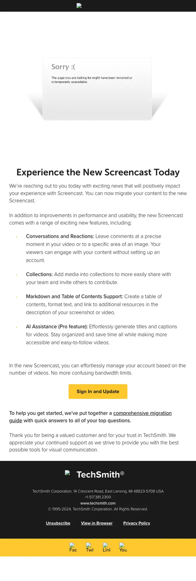 TechSmith product launch email, full length