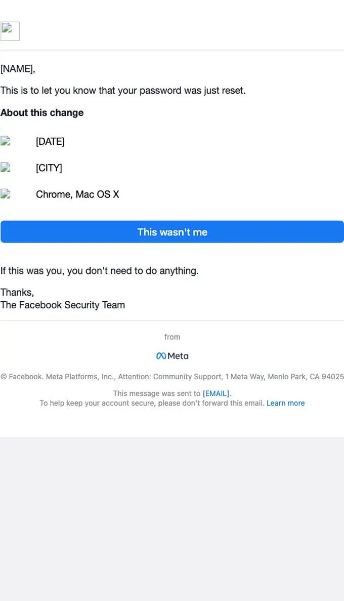 Facebook security alert email, full length
