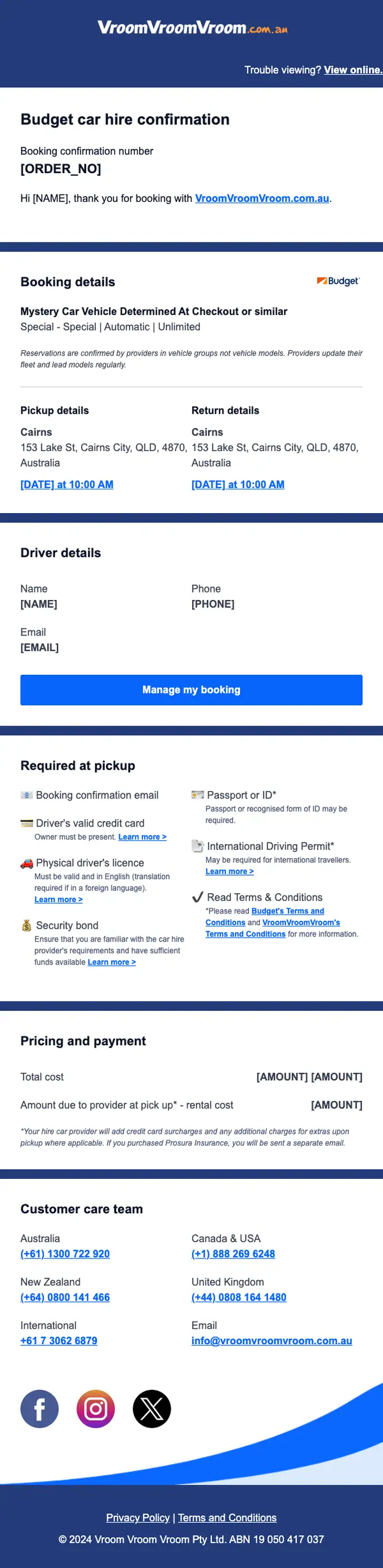 VroomVroomVroom.com.au booking confirmation email, full length