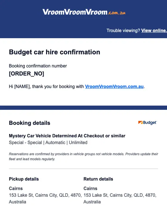 VroomVroomVroom.com.au booking confirmation email