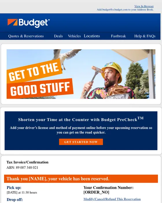 Budget booking confirmation email