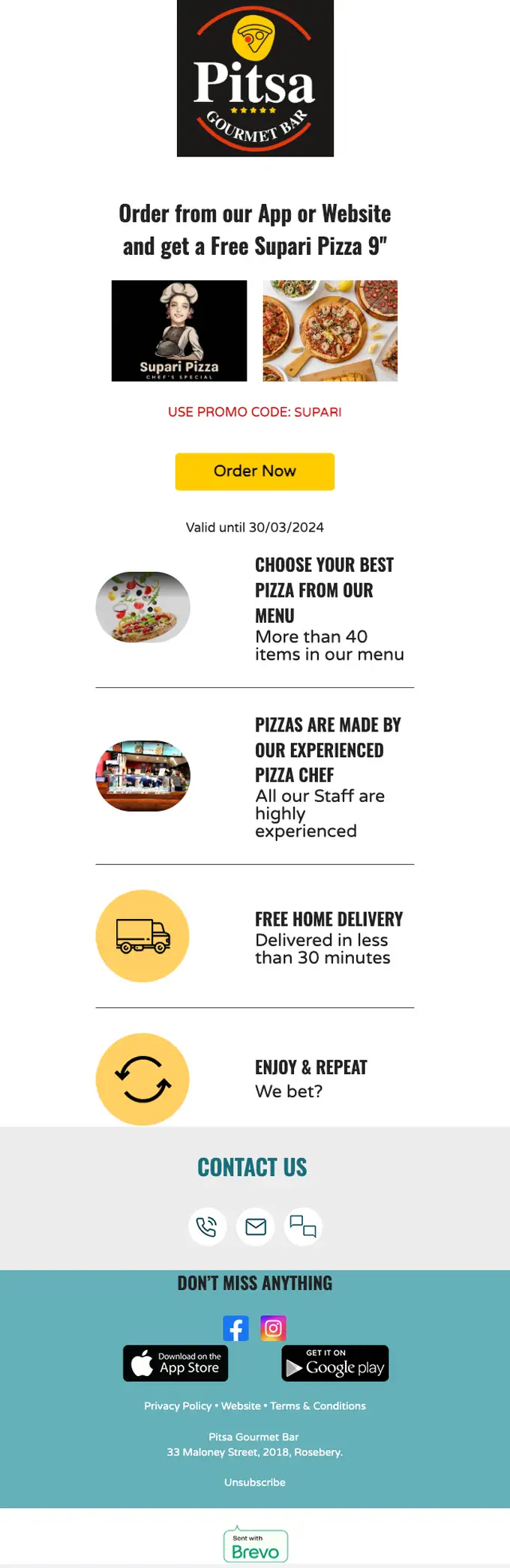 Pitsa Gourmet Bar promotional email, full length