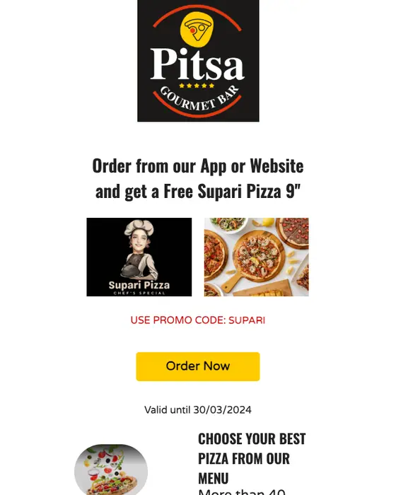Pitsa Gourmet Bar promotional email