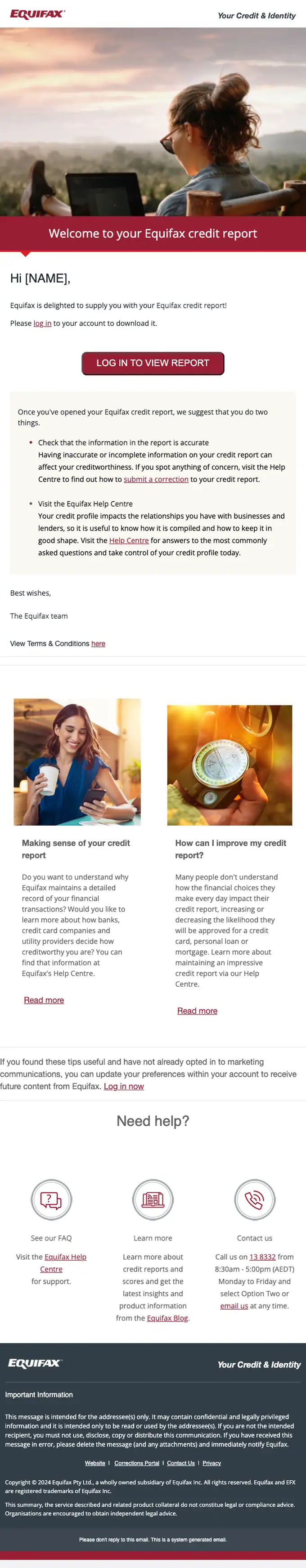 Equifax welcome email, full length