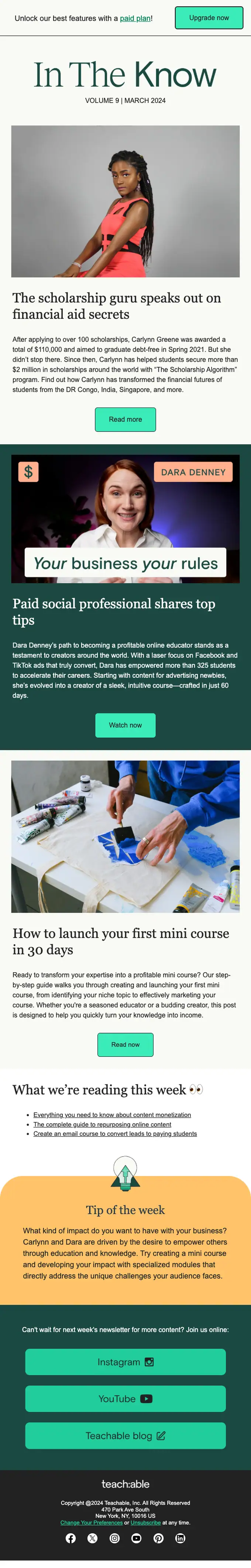 Teachable newsletter email, full length