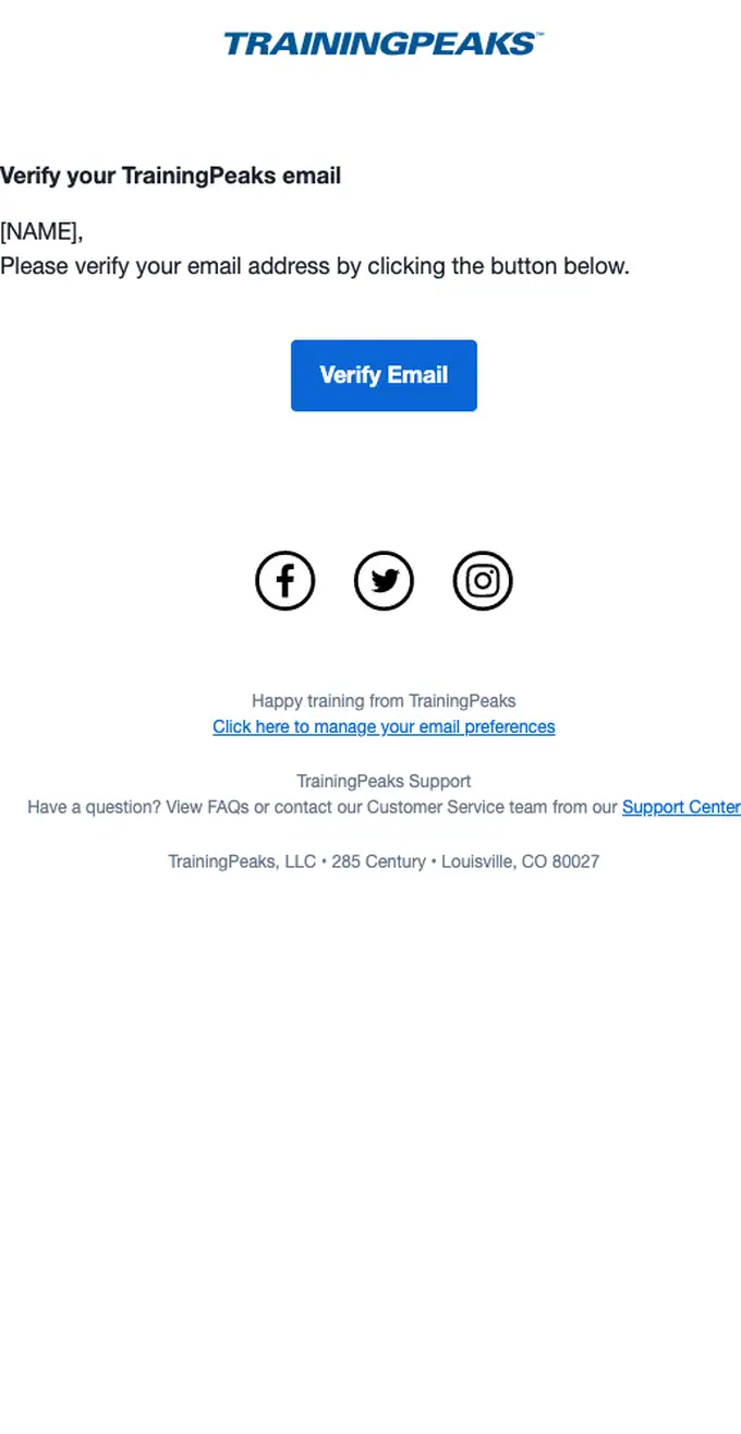 TrainingPeaks email verification email, full length