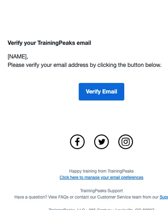 TrainingPeaks email verification email