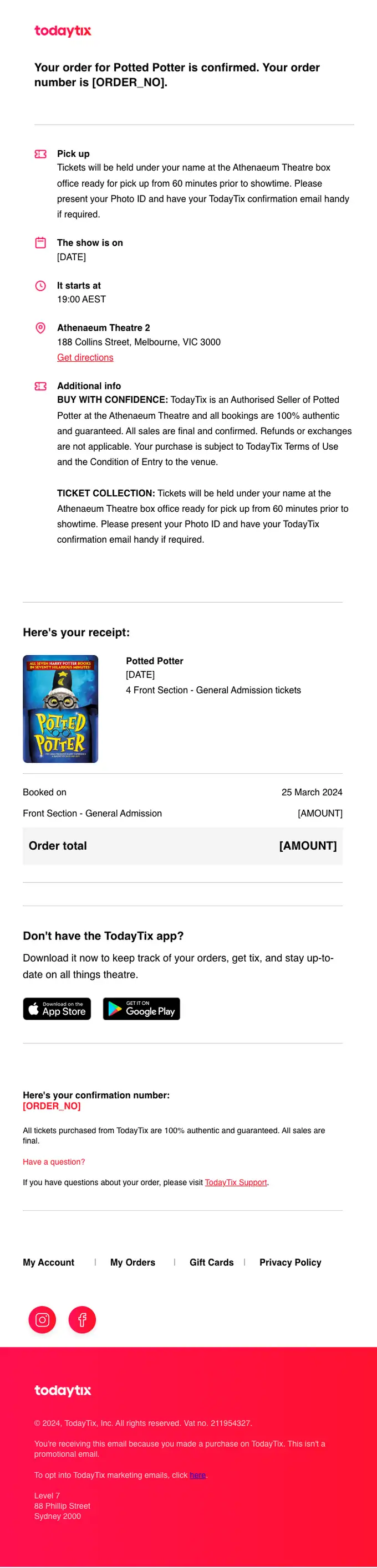 TodayTix order confirmation email, full length