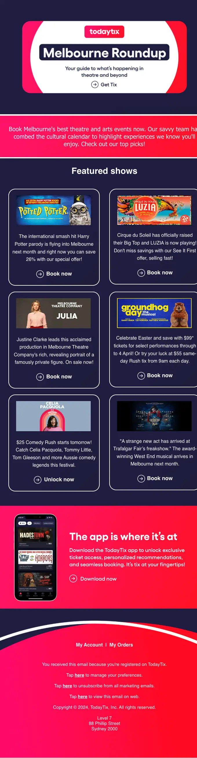 TodayTix promotional email, full length