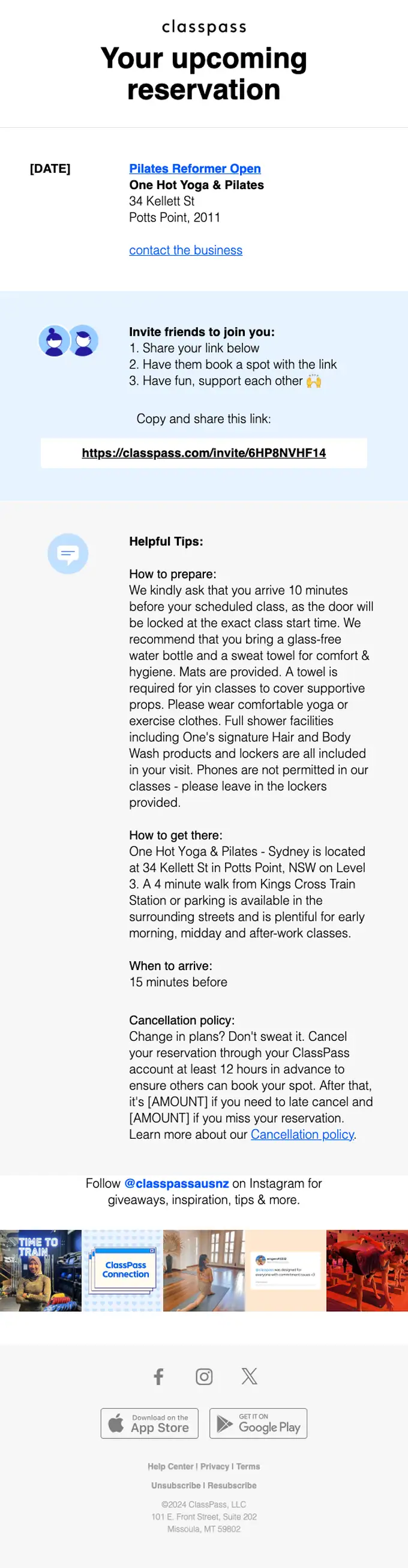 ClassPass reservation email, full length