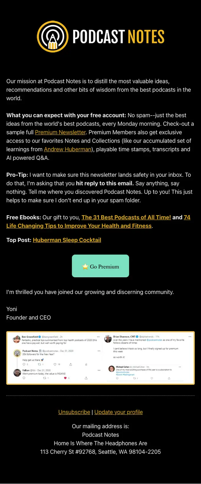 Podcast Notes welcome email, full length