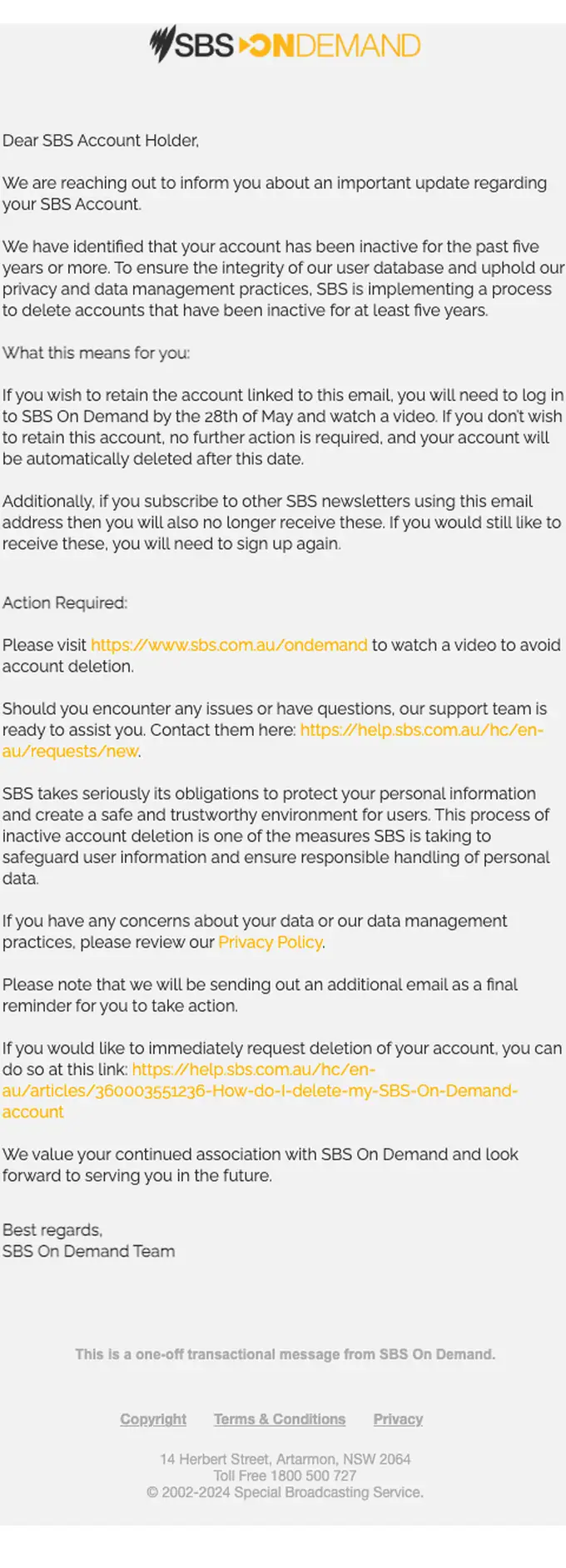 SBS On Demand account notice email, full length