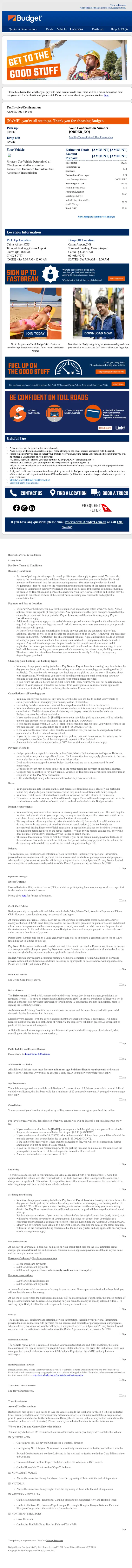 Budget Car & Truck Rental reservation email, full length
