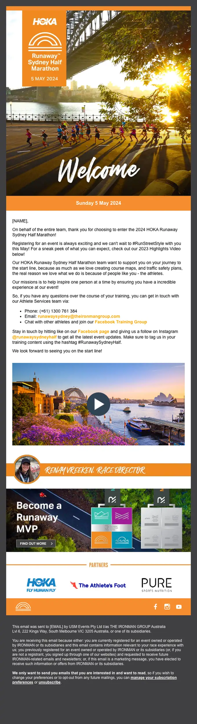 HOKA Runaway Sydney Half Marathon welcome email, full length