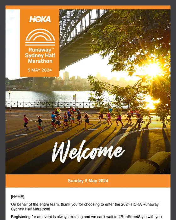 HOKA Runaway Sydney Half Marathon welcome email