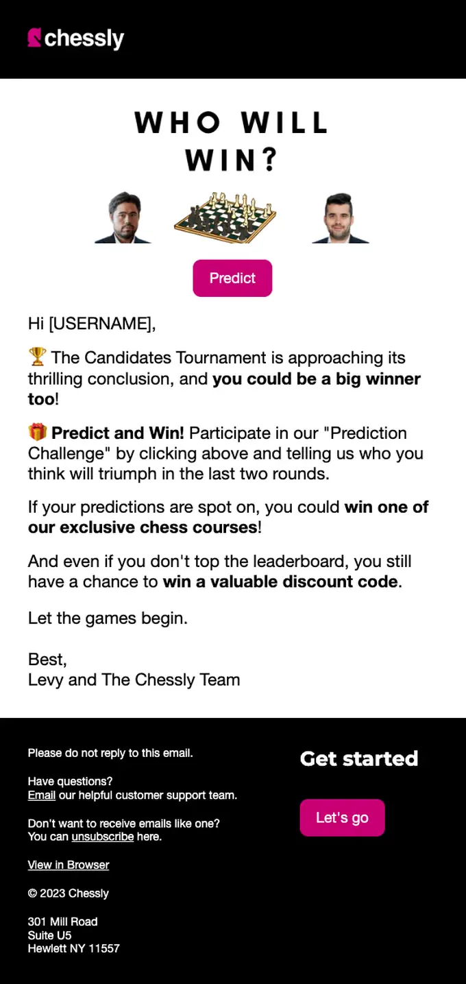 Chessly promotional email, full length