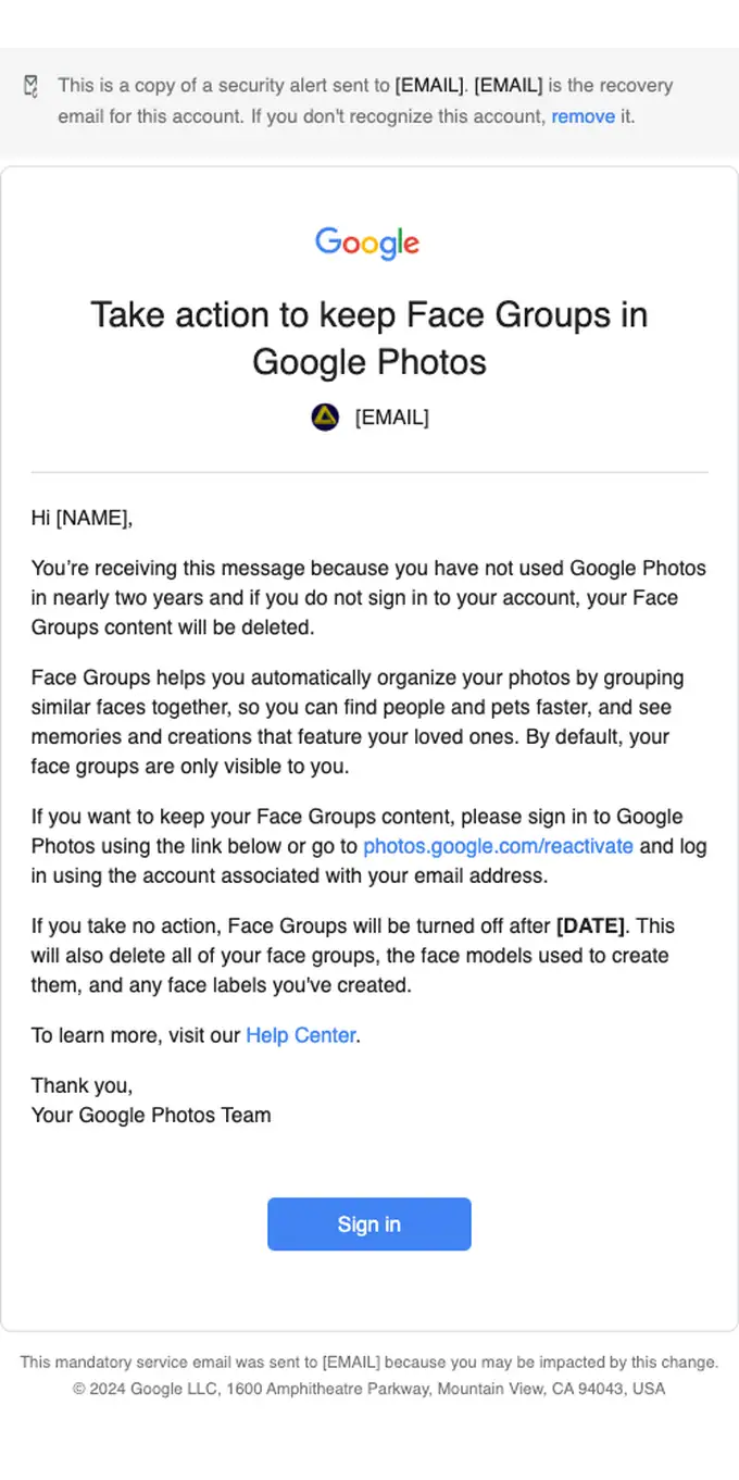 Google Photos account notice email, full length