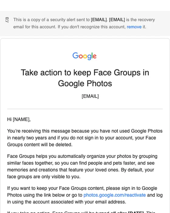 Google Photos account notice email