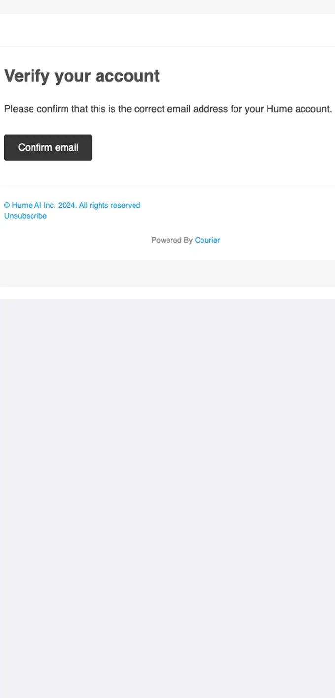 Hume AI email verification email, full length