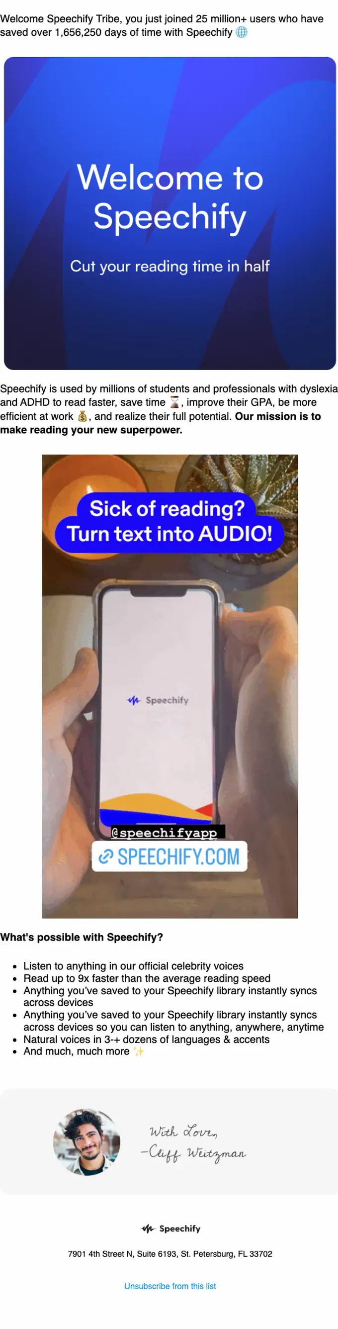 Speechify welcome email, full length