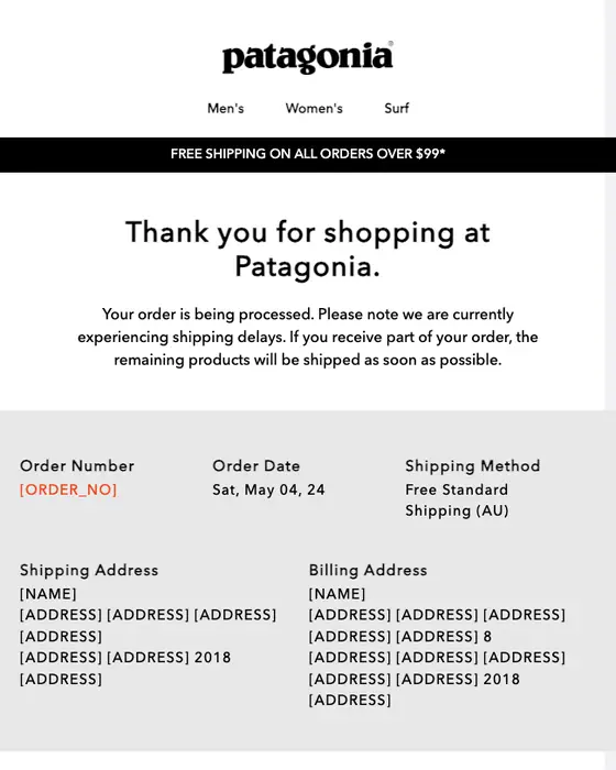 Patagonia order confirmation email