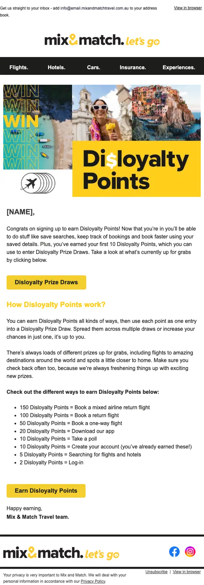 Mix & Match Travel welcome email, full length