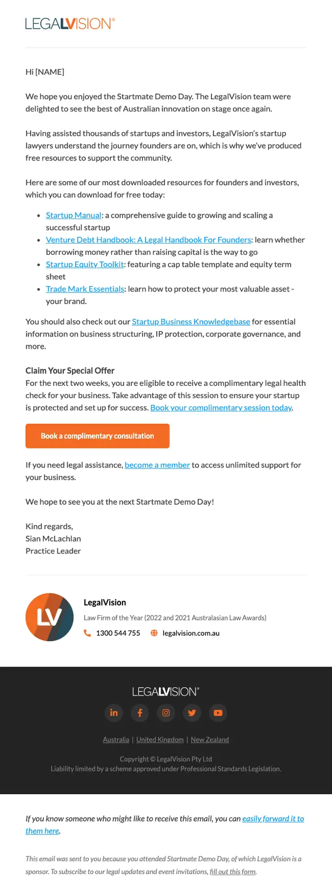 LegalVision promotional email, full length