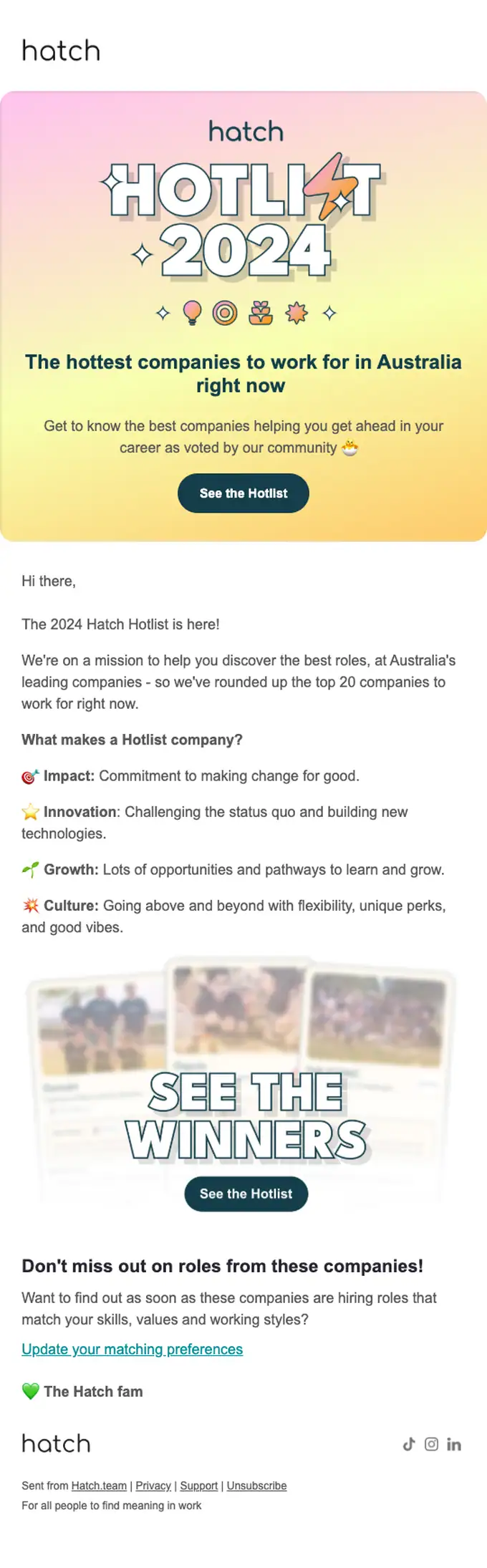 Hatch newsletter email, full length