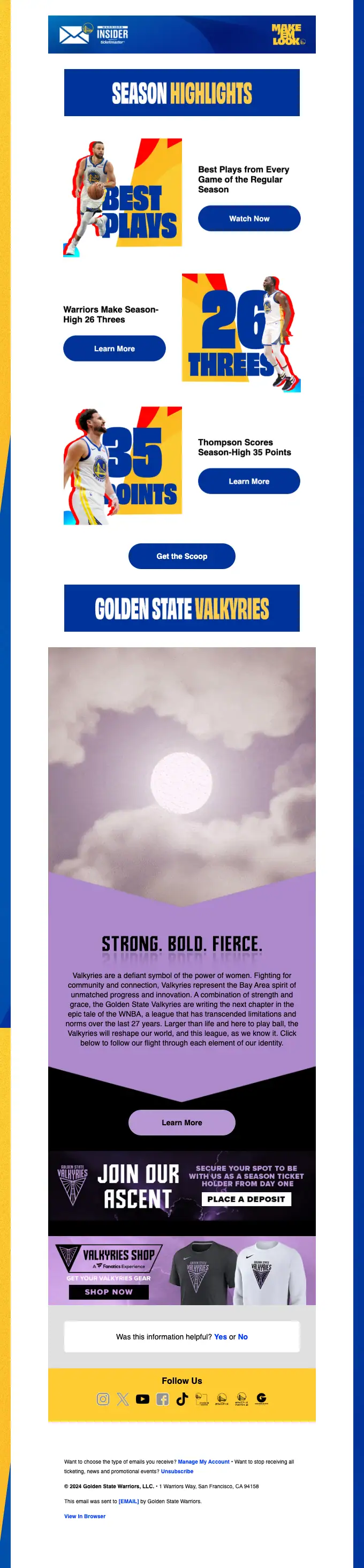 Golden State Warriors newsletter email, full length