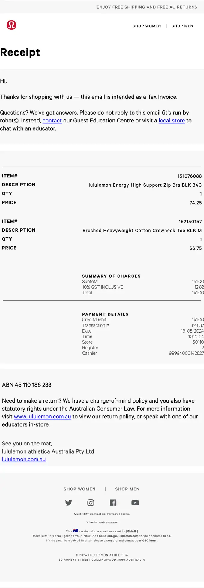 lululemon receipt email, full length